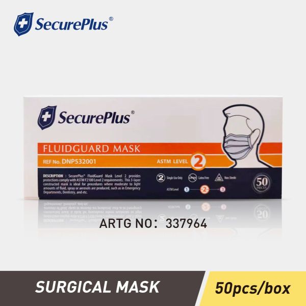 SECURE PLUS FACE MASK  ASTM LEVEL 2   10 PCS/BAG or 50 PCS/BOX   TGA ARTG NO：337964