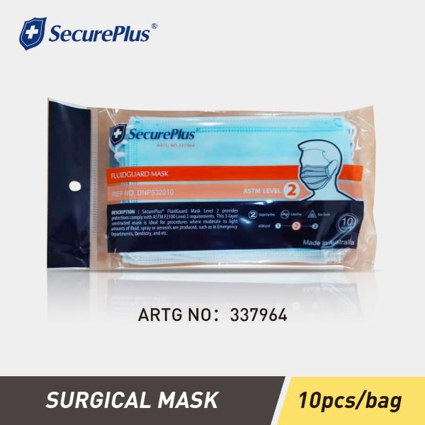 SECURE PLUS FACE MASK  ASTM LEVEL 2   10 PCS/BAG or 50 PCS/BOX   TGA ARTG NO：337964